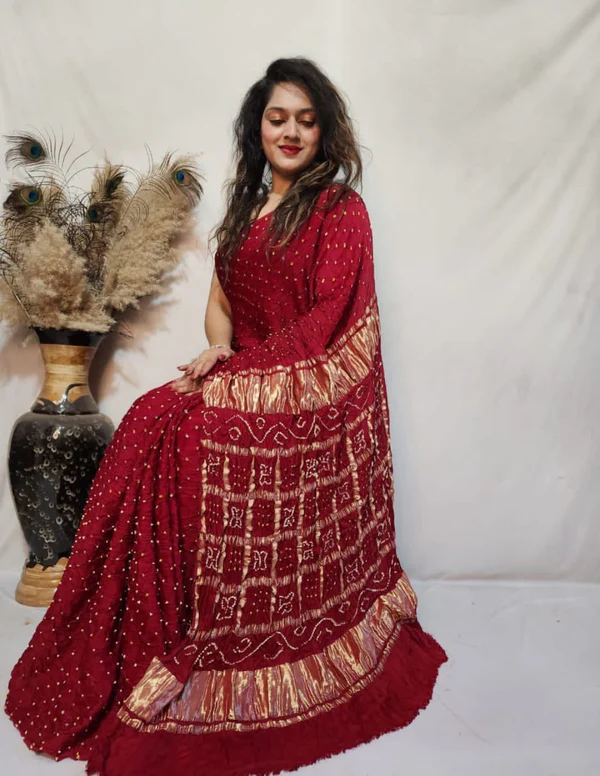 Modal Silk Barik Bandhej work Lagdi Patta Border Chex Bandhani Saree - brown